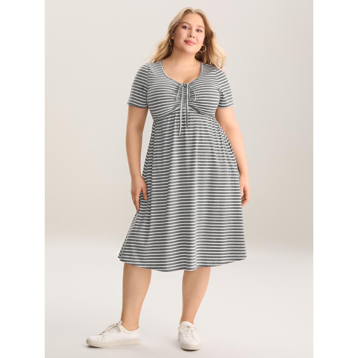 Plus Size Gathered Front-Tie Pockets Midi Dress DarkGray Women Knit Dresses Bloomchic 14-16/1X Product Image