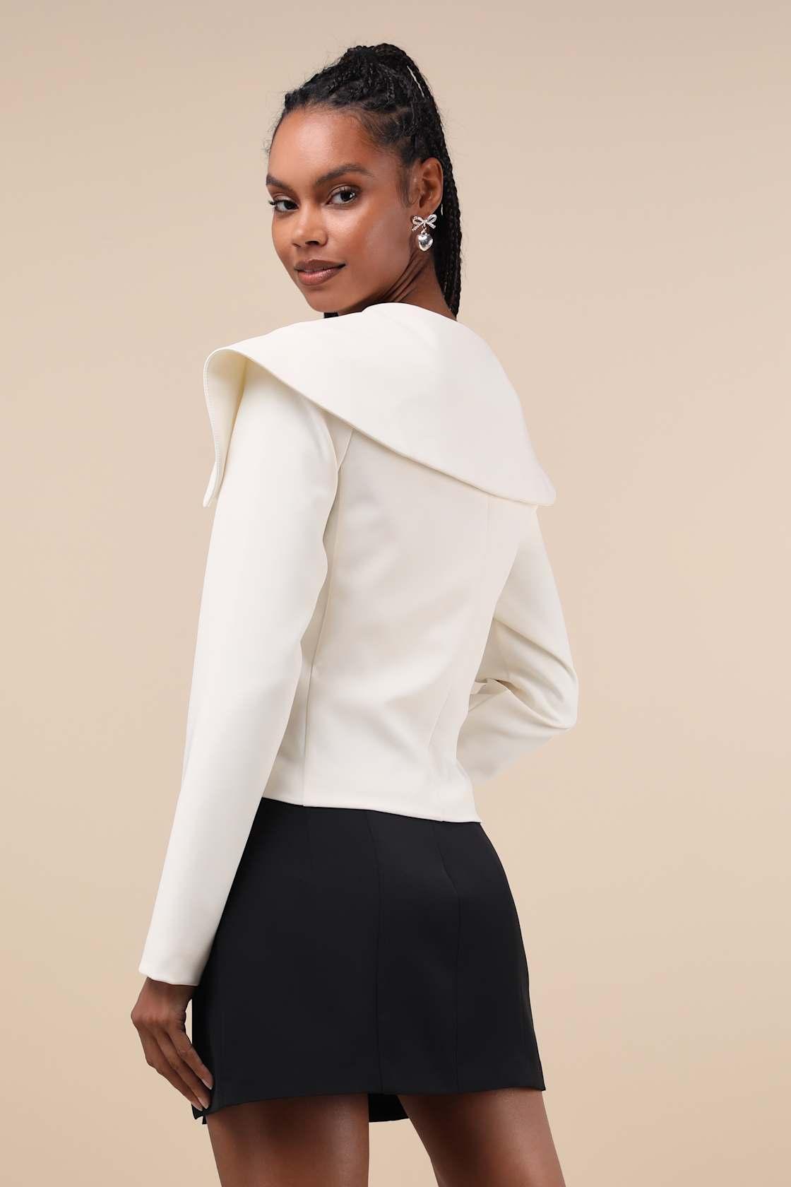 Distinctly Chic Ivory Shawl Collar Rhinestone Button Blazer Product Image