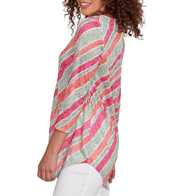 Ruby Rd. Knit Stripe Crew Neck 3/4 Sleeve Asymmetric Hem Top Product Image