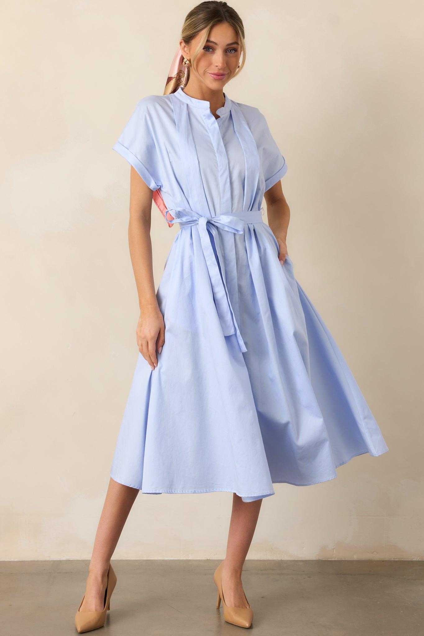Late Nights Sky Blue Cotton Button Front Midi Dress Product Image