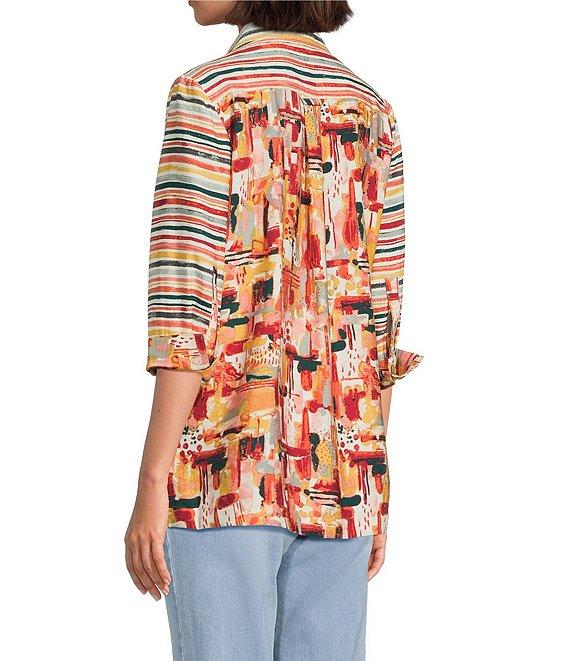 Multiples Petite Size Woven Multi Print Point Collar 3/4 Sleeve Button Front Fitted Shirt Product Image