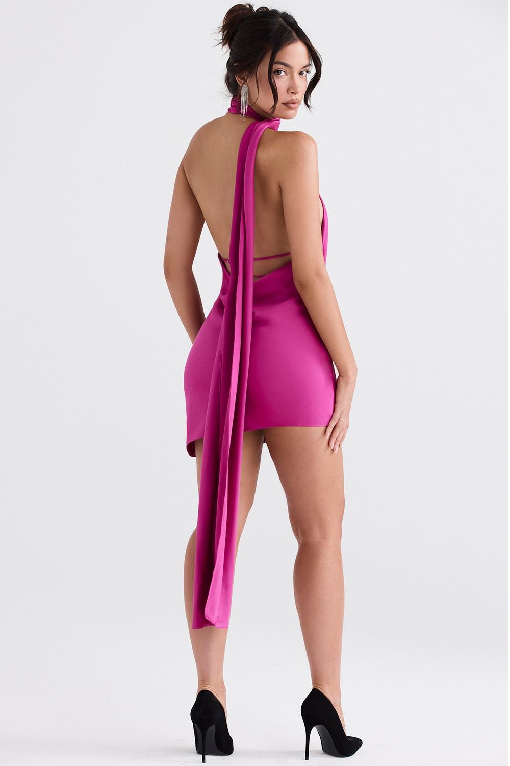 Aida  hot pink asymmetric wrap neck dress Product Image