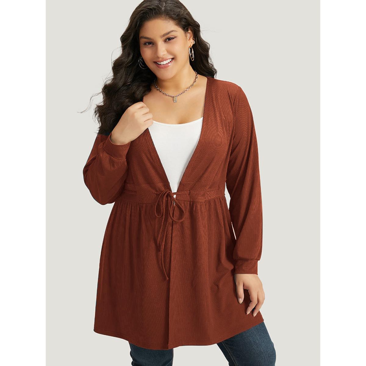 Plus Size Plain Drawstring Knot Gathered Open Front Coat Women Cyan Casual Plain Dailywear Kimonos BloomChic 26/4X Product Image