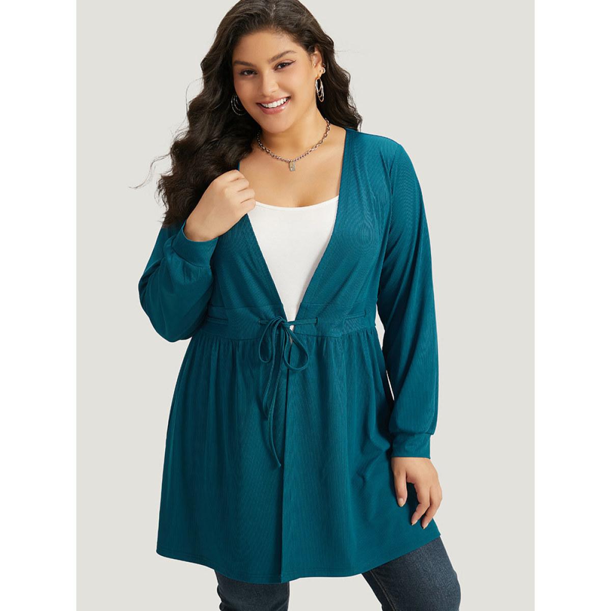 Plus Size Plain Drawstring Knot Gathered Open Front Coat Women Cyan Casual Plain Dailywear Kimonos BloomChic 26/4X Product Image