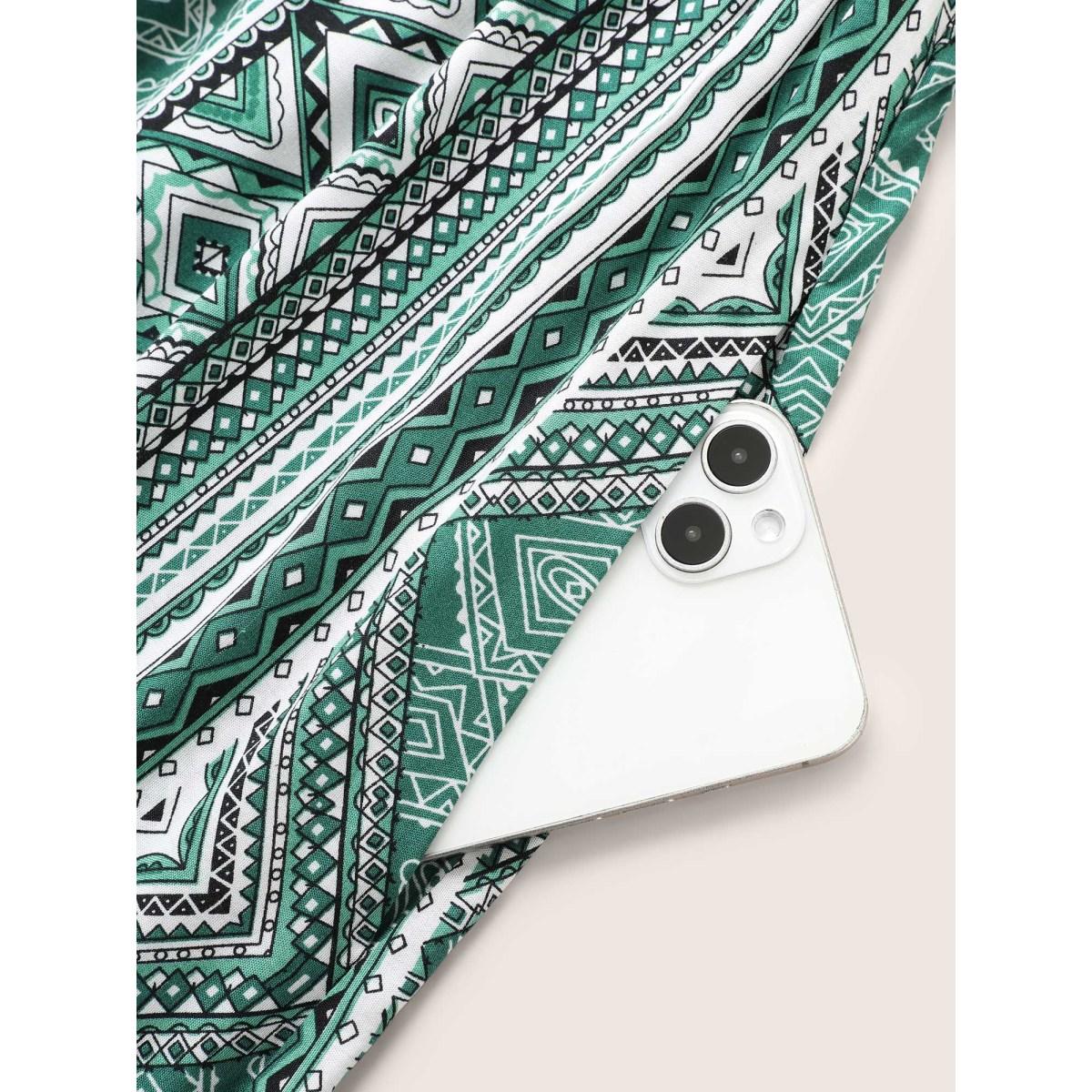 Plus Size Bandana Print Shirred Patchwork Hem Maxi Dress Emerald Women Resort V-neck Short sleeve Curvy BloomChic 30/6X Product Image