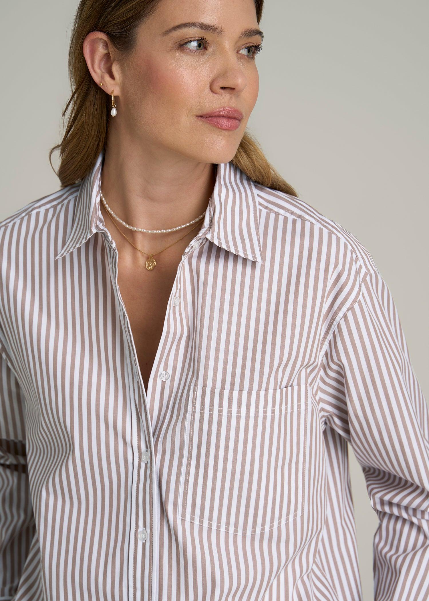 Relaxed Poplin Button-Up Shirt for Tall Women in Brown and White Stripe Female Product Image