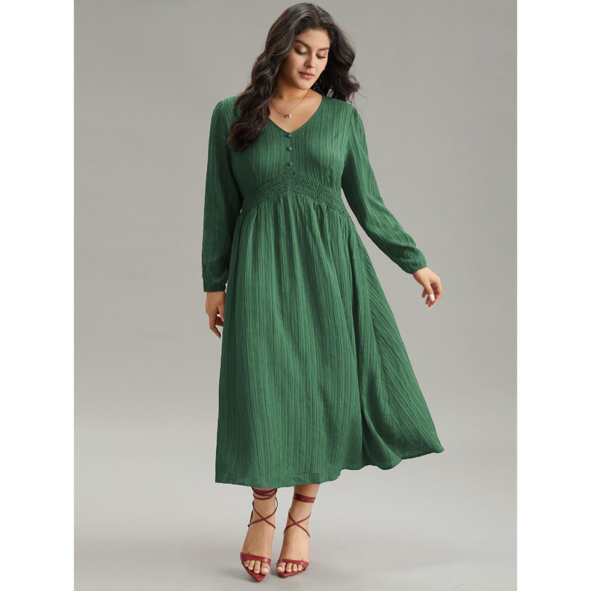 Plus Size Solid Plisse Button Detail Shirred Dress DarkGreen Women Elegant Elastic cuffs V-neck Long Sleeve Curvy Midi Dress BloomChic 22-24/3X Product Image