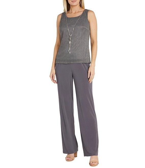 R & M Richards Pleated Crinkle Metallic Scoop Neck 3/4 Sleeve 3-Piece Pant Set Product Image
