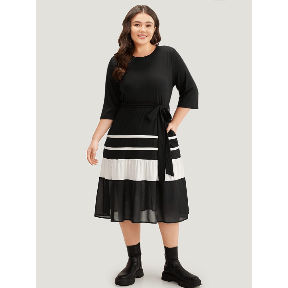 Plus Size Colorblock Contrast Belted Ruffle Layered Hem Dress Black Women Casual See through Round Neck Elbow-length sleeve Curvy Midi Dress BloomChic 28/5X Product Image