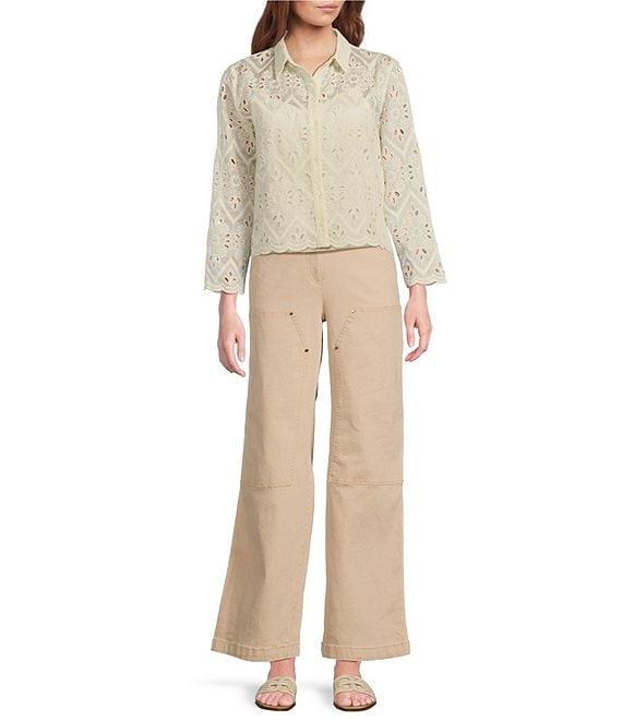 Skies Are Blue Chiffon Eyelet Button Front Point Collar Long Sleeve Blouse Product Image