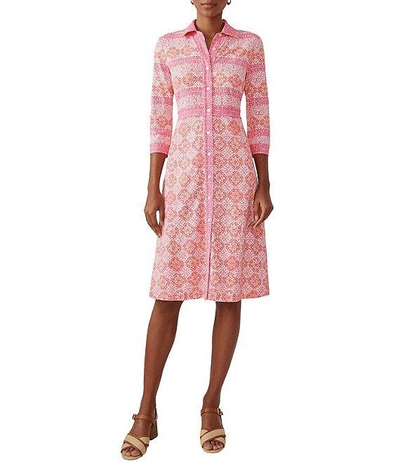 J.McLaughlin Kailyn Printed Knit Point Collar 3/4 Sleeve Button Front Dress Product Image