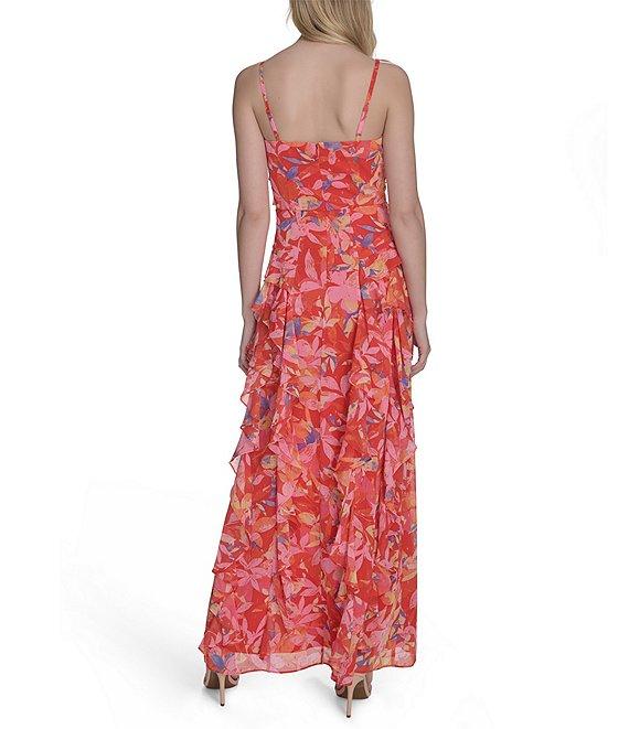 Eliza J Chiffon Floral Print V Neck Sleeveless Ruffle Sheath Maxi Dress Product Image