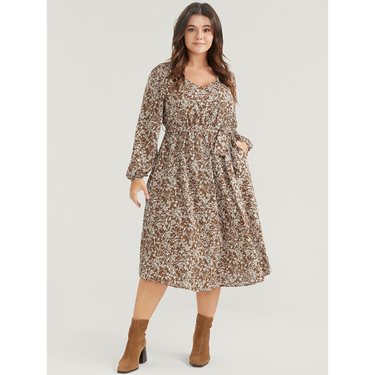 Plus Size Ditsy Floral Lantern Sleeve Pocket Belted Dress Bronze Women Elegant Belted V-neck Long Sleeve Curvy Midi Dress BloomChic 10/M Product Image