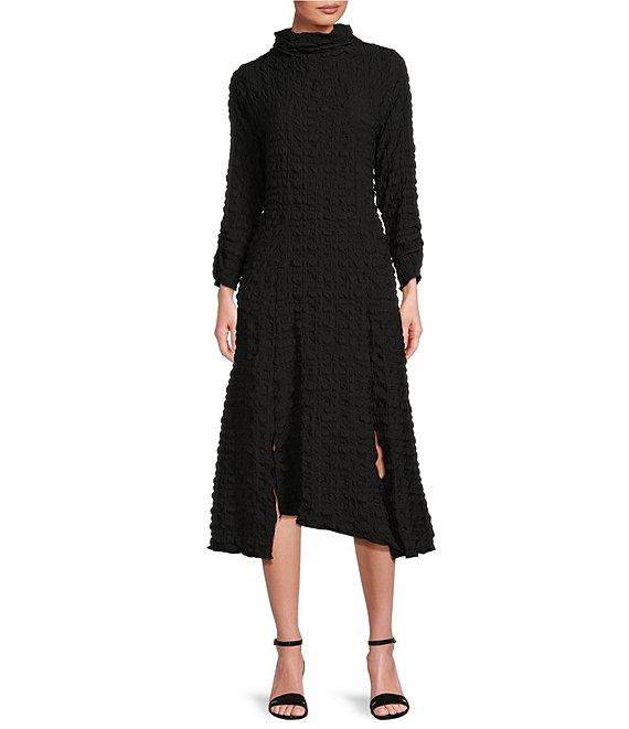 IC Collection Textured Bubble Check Pucker Woven Mock Neck 3/4 Sleeve Asymmetrical Hem Midi A-Line Dress Product Image