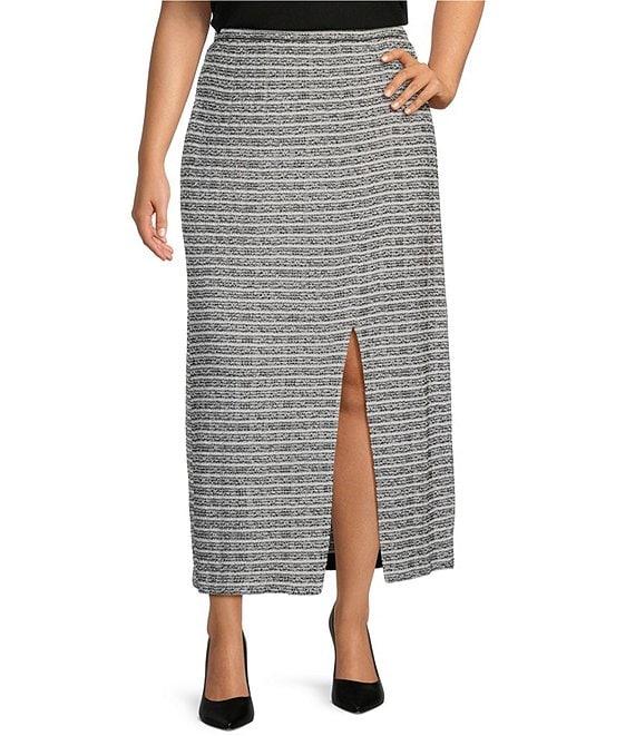 Ming Wang Plus Size Textured Knit Melange Stripe No-Roll Waist Side Slit Coordinating Maxi Skirt Product Image