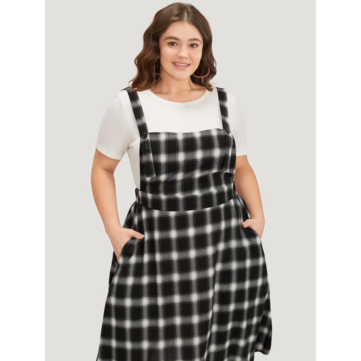 Plus Size Plaid Pocket Elastic Waist Overall Cami Dress Black Women Casual Adjustable Straps Spaghetti Strap Sleeveless Curvy Knee Dress BloomChic 10/M Product Image