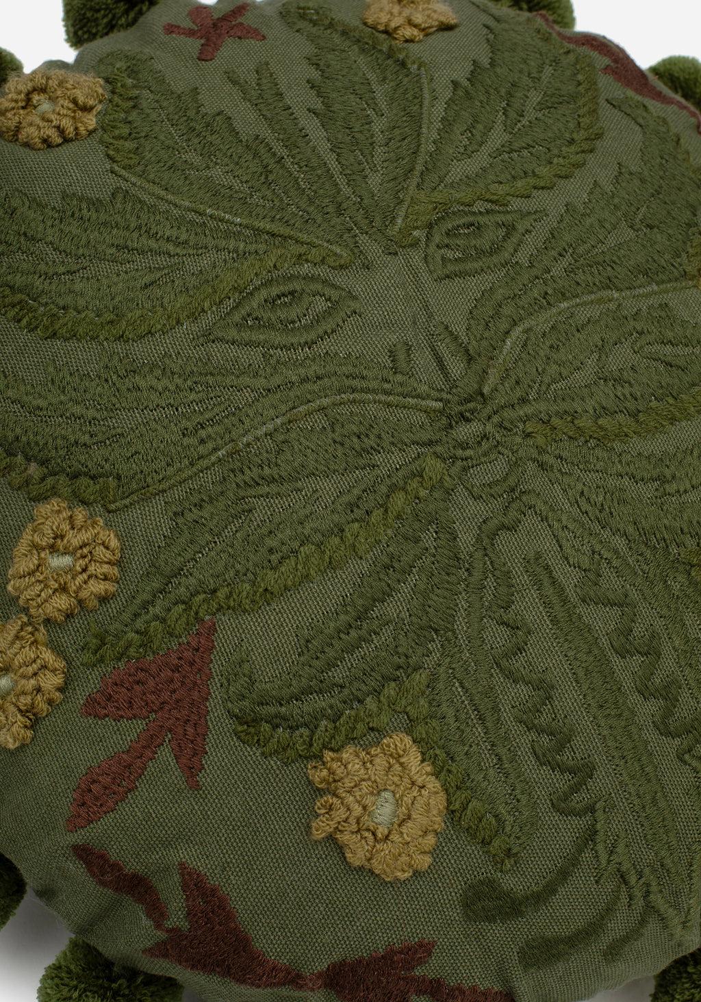 Foliate Embroidered Pom-Pom Round Cushion Product Image