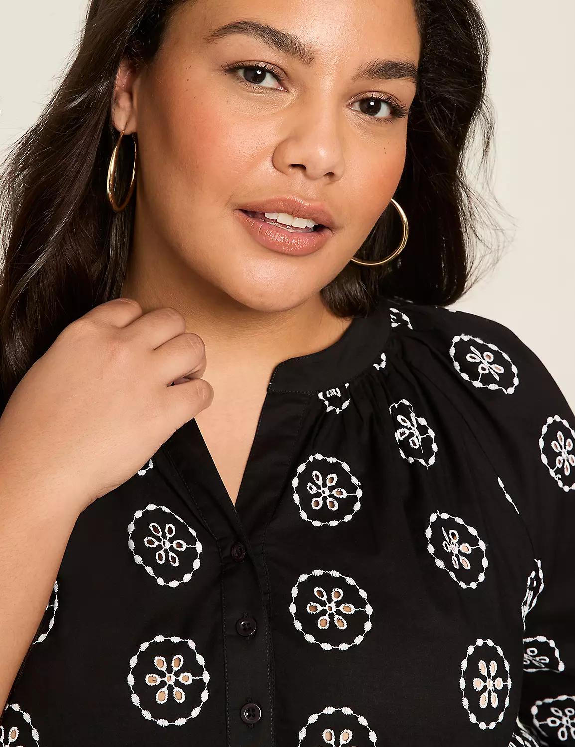 Embroidered 3/4-Sleeve Split-Neck Popover Blouse Product Image