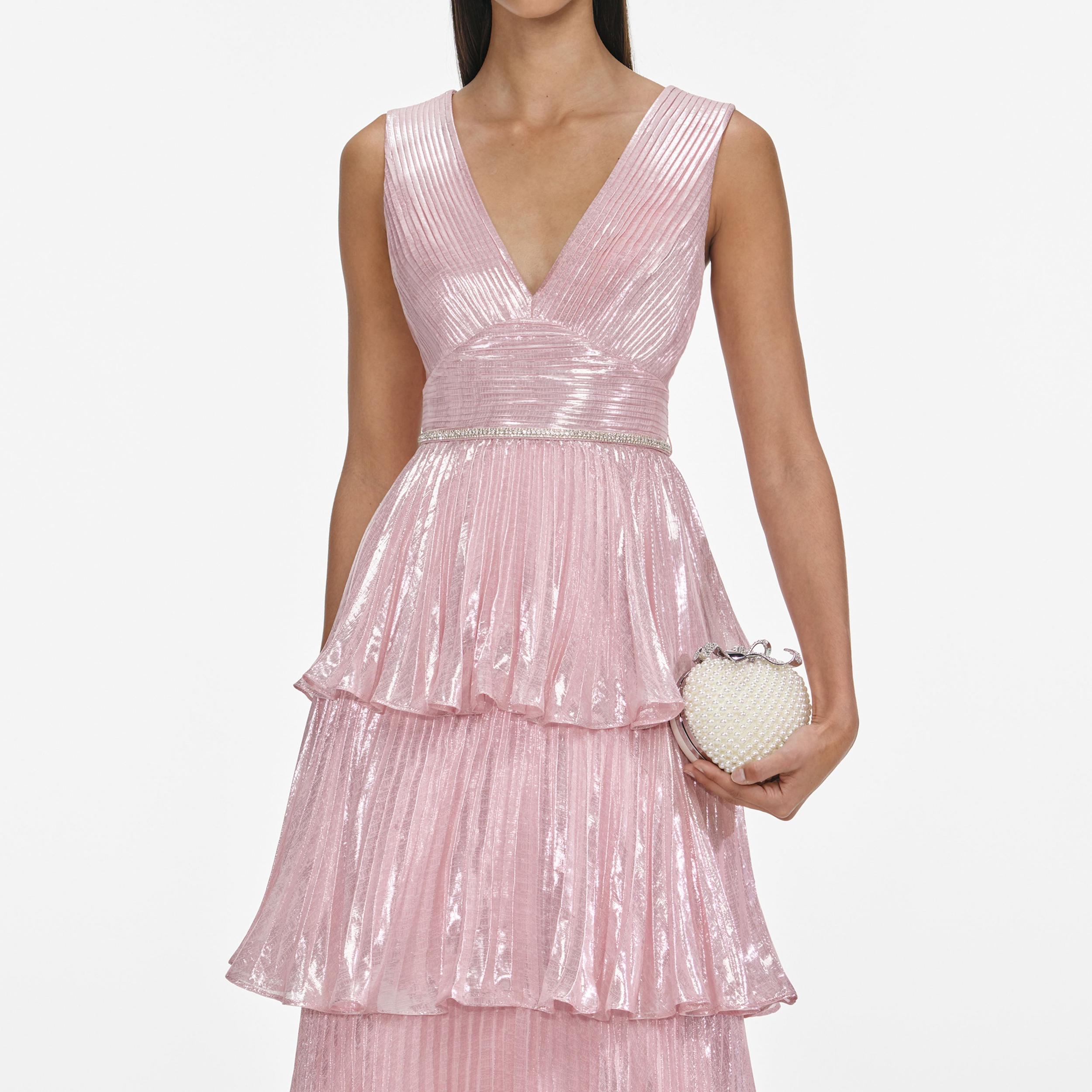 Pink Metallic Tiered Midi Dress Product Image