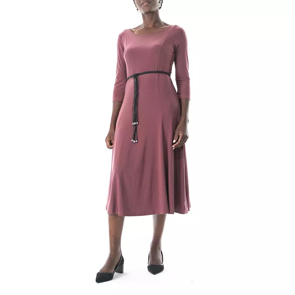 Women's Nina Leonard Three-Quarter Sleeve Belted Midi Dress,  Product Image