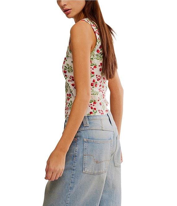 Free People Tilly Fruit Strawberry Printed Boatneck Sleeveless Button Front Vest Product Image