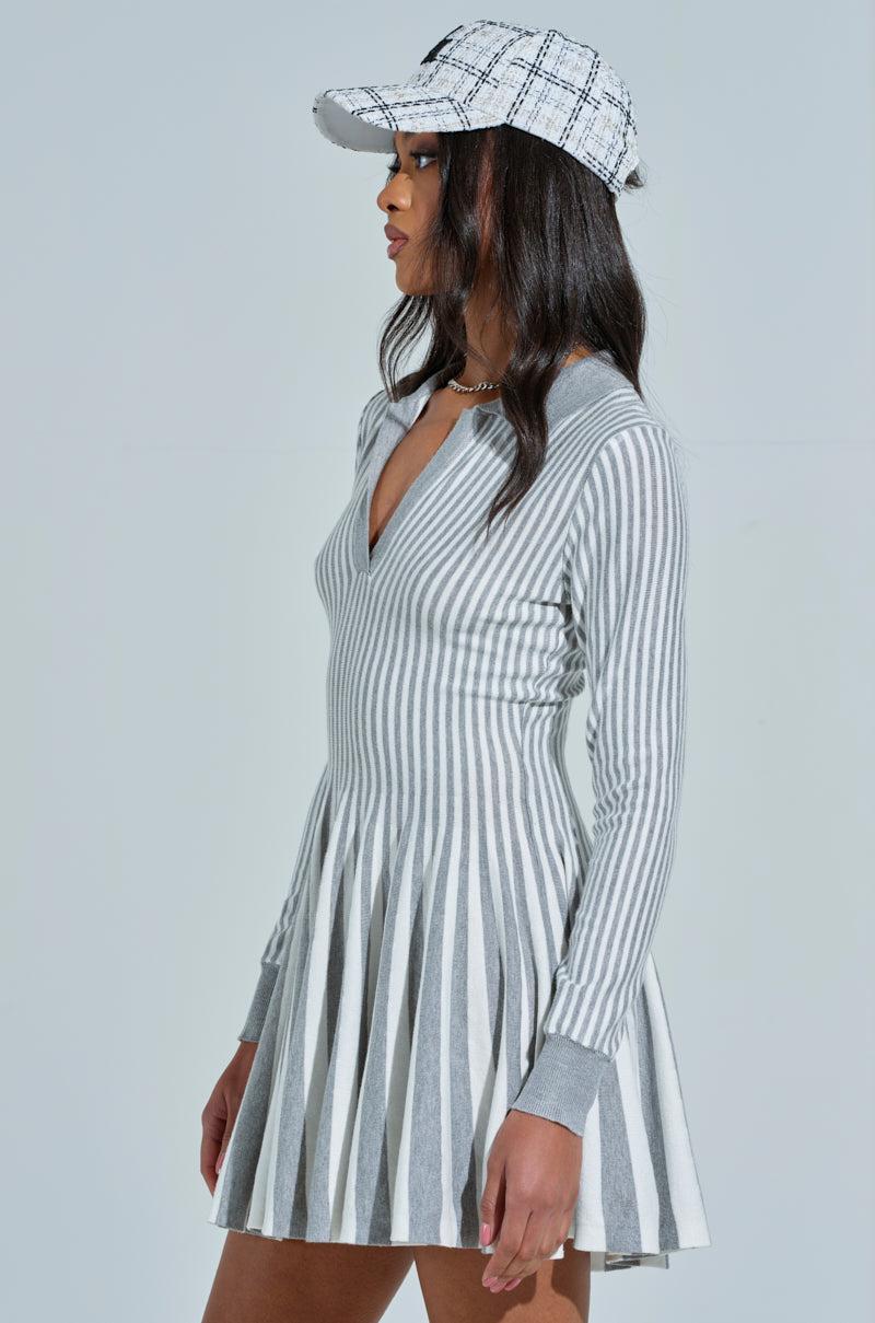 ALINA PLEATED KNIT FIT AND FLARE MINI DRESS WITH LONG SLEEVES IN GREY MULTI Product Image