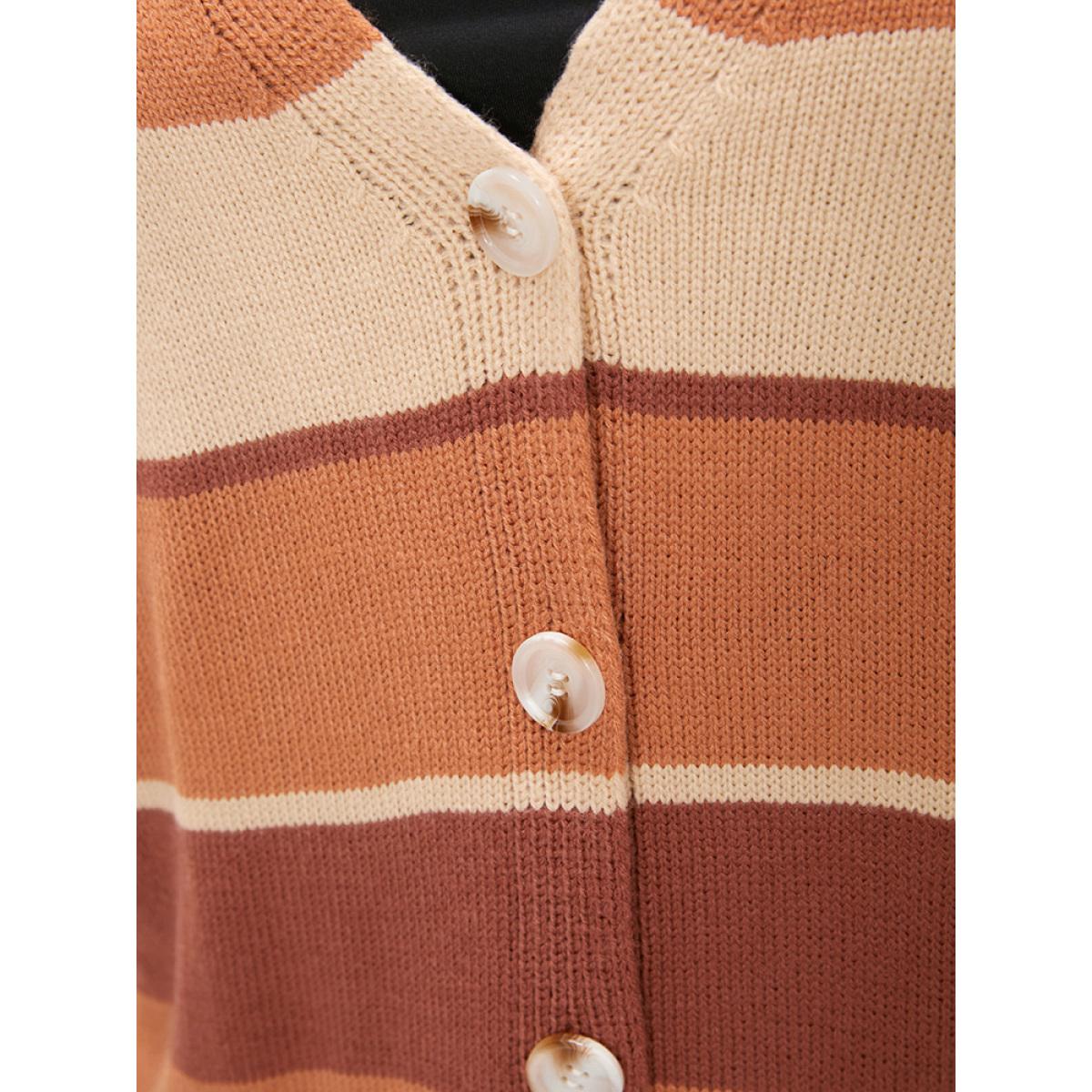 Plus Size Colorblock Contrast Pointelle Knit Button Front Cardigan Bronze Women Casual Long Sleeve Dailywear Cardigans BloomChic 14-16/1X Product Image