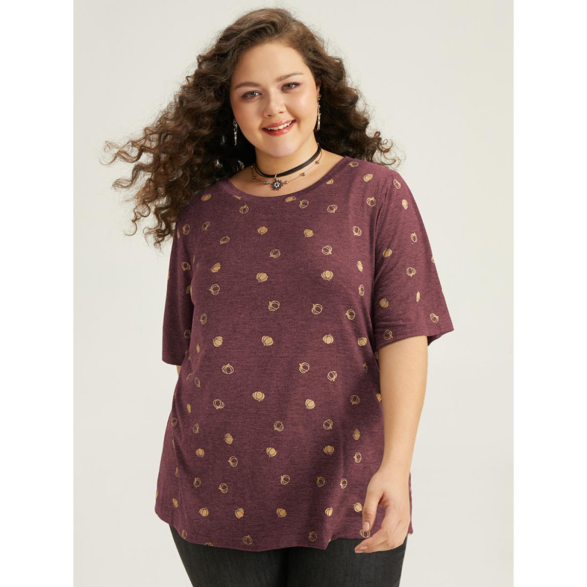Plus Size Halloween Pumpkin Print Crew Neck T-shirt Russet Women Casual Printed Graphic-Halloween Round Neck Festival-Halloween T-shirts BloomChic 14-16/1X Product Image