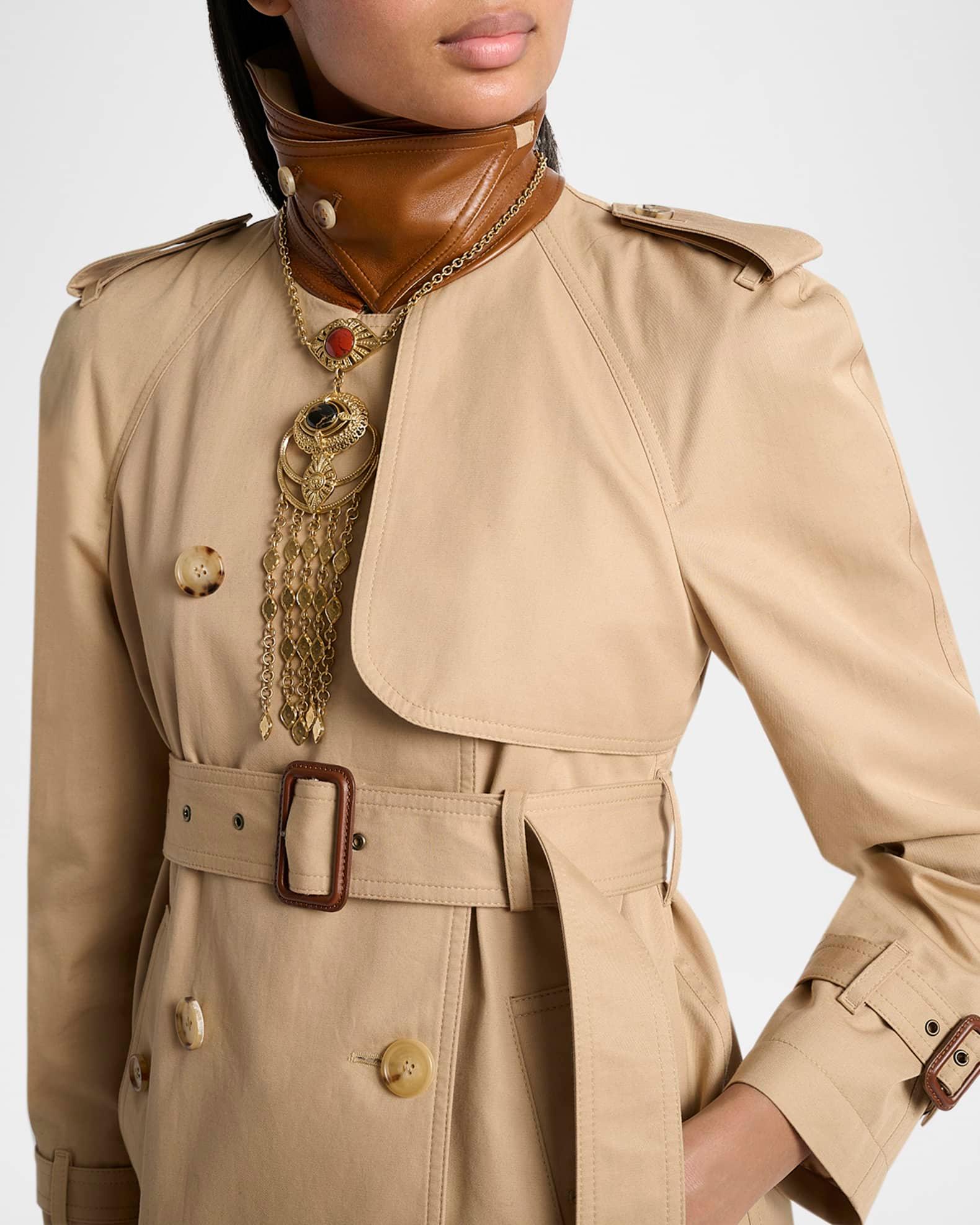 Leather-Collar Double-Breasted Short Trench Coat With Belt Product Image