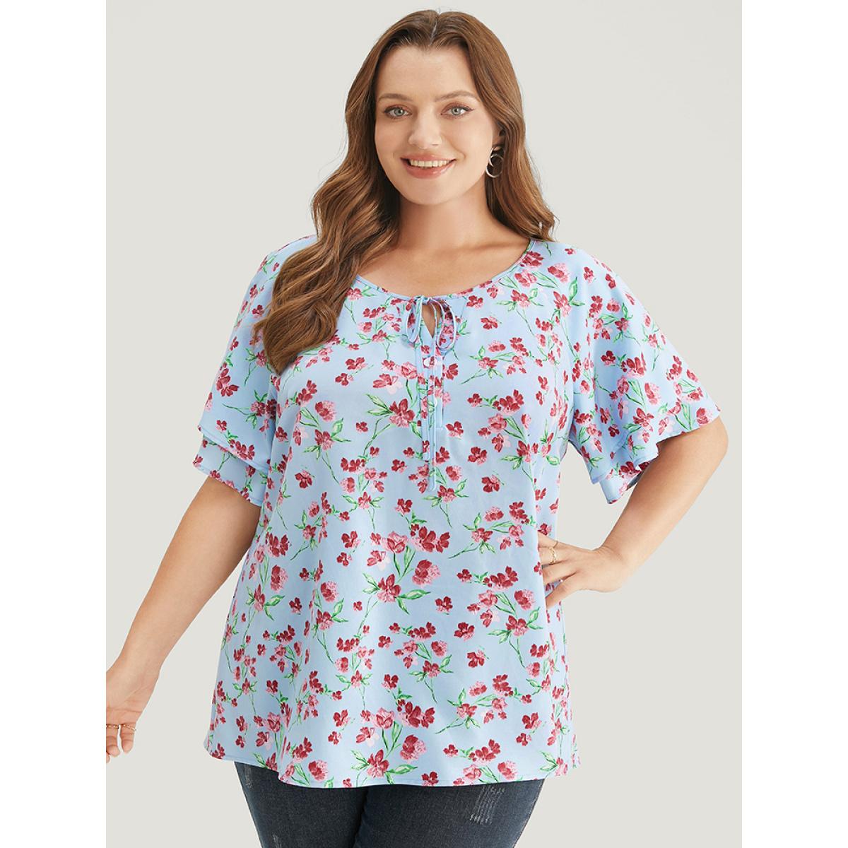 Plus Size LightBlue Ditsy Floral Keyhole Knot Neck Tiered Sleeve Blouse Women Elegant Short sleeve Round Neck Dailywear Blouses BloomChic 12/L Product Image