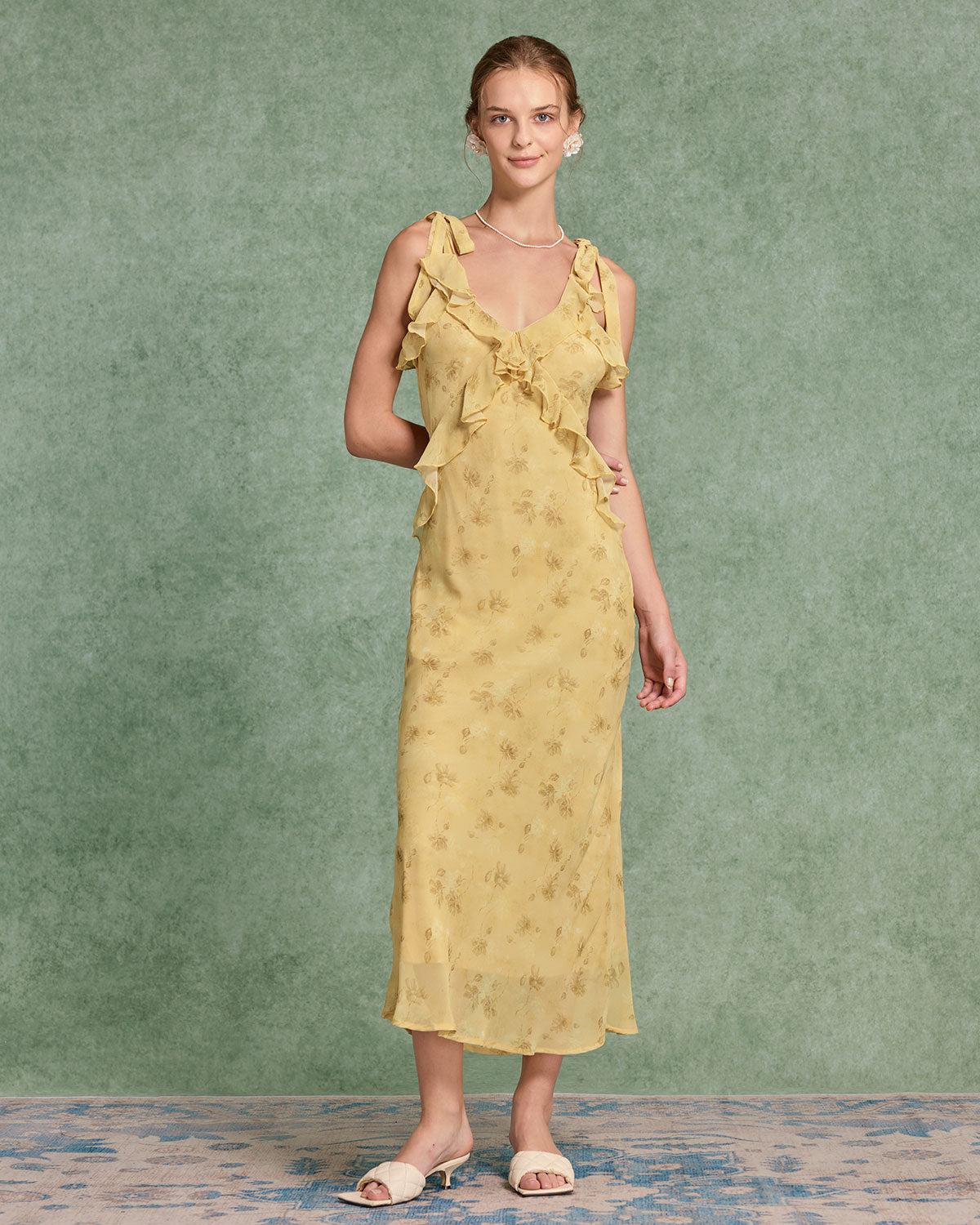 Yellow Floral Chiffon Tie Strap Maxi Dress Product Image