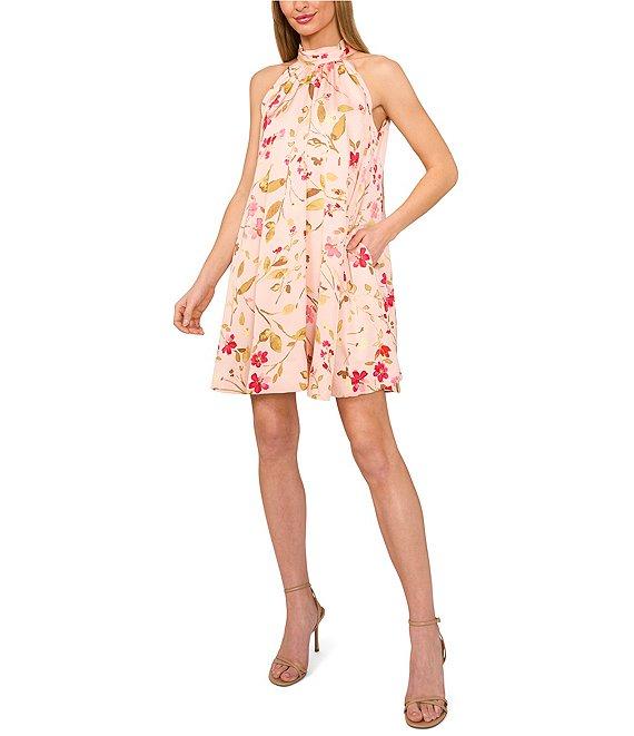 CeCe Charmeuse Floral Print Halter Mock Neck Sleeveless Shift Dress Product Image