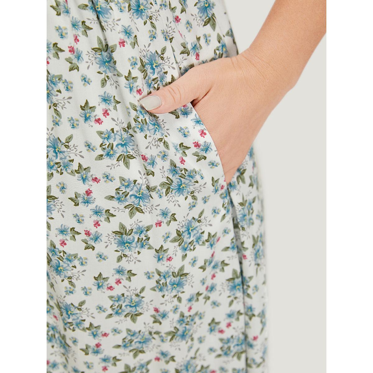 Plus Size Ditsy Floral Ruffles Pocket Empire Waist Crochet Lace Tank Dress WhiteSmoke Women Elegant Gathered V-neck Sleeveless Curvy Midi Dress BloomChic 14-16/1X Product Image