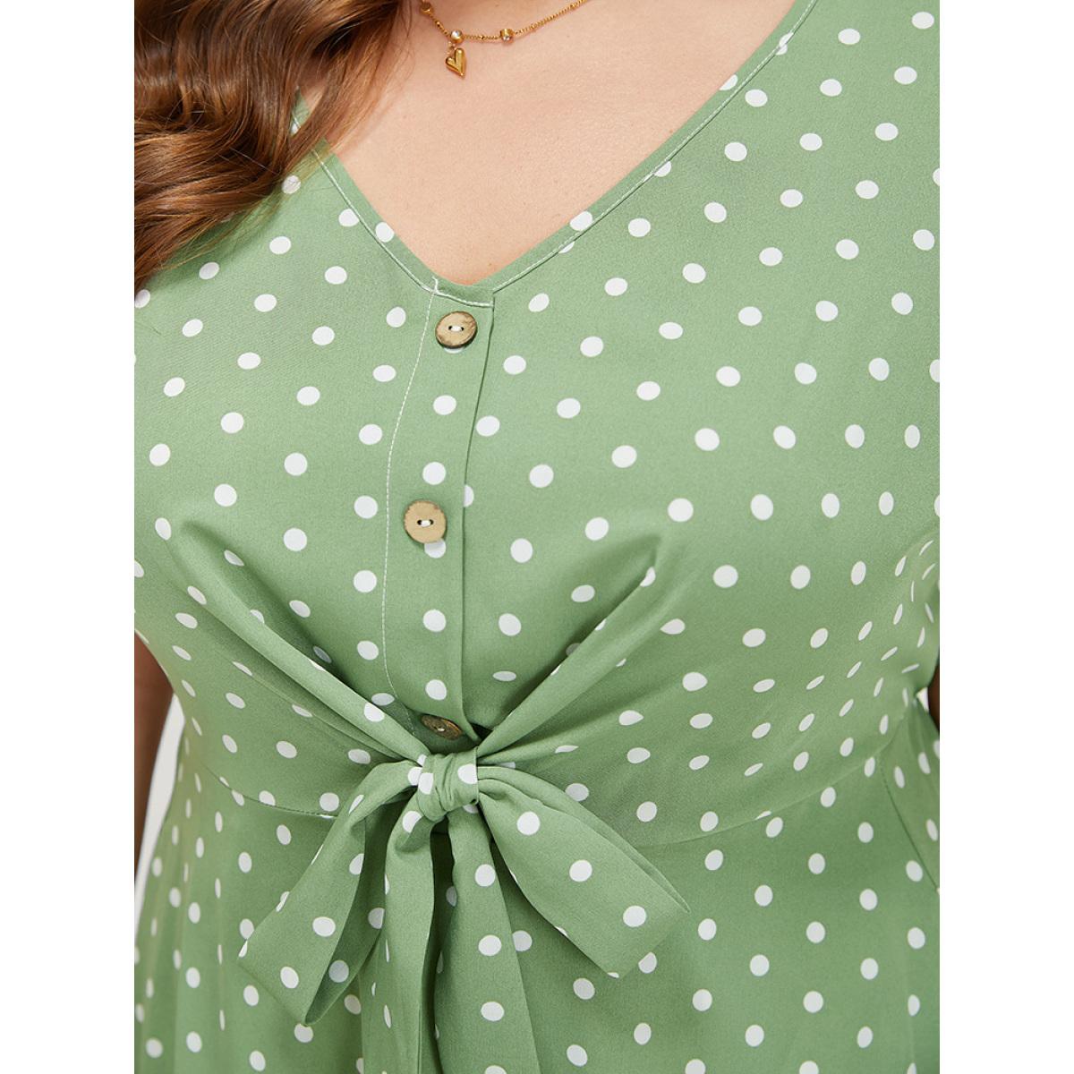 Plus Size Polka Dot Pocket Button Detail Twist Front Knee Dress Green Women Elegant Knotted V-neck Cap Sleeve Curvy Knee Dress BloomChic 14-16/1X Product Image