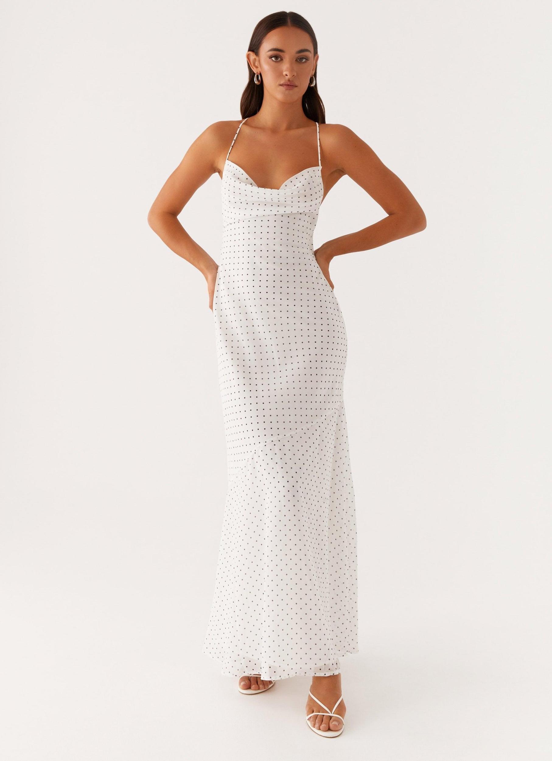 Alianna Cowl Neck Mesh Maxi Dress - White Polka Dot Product Image