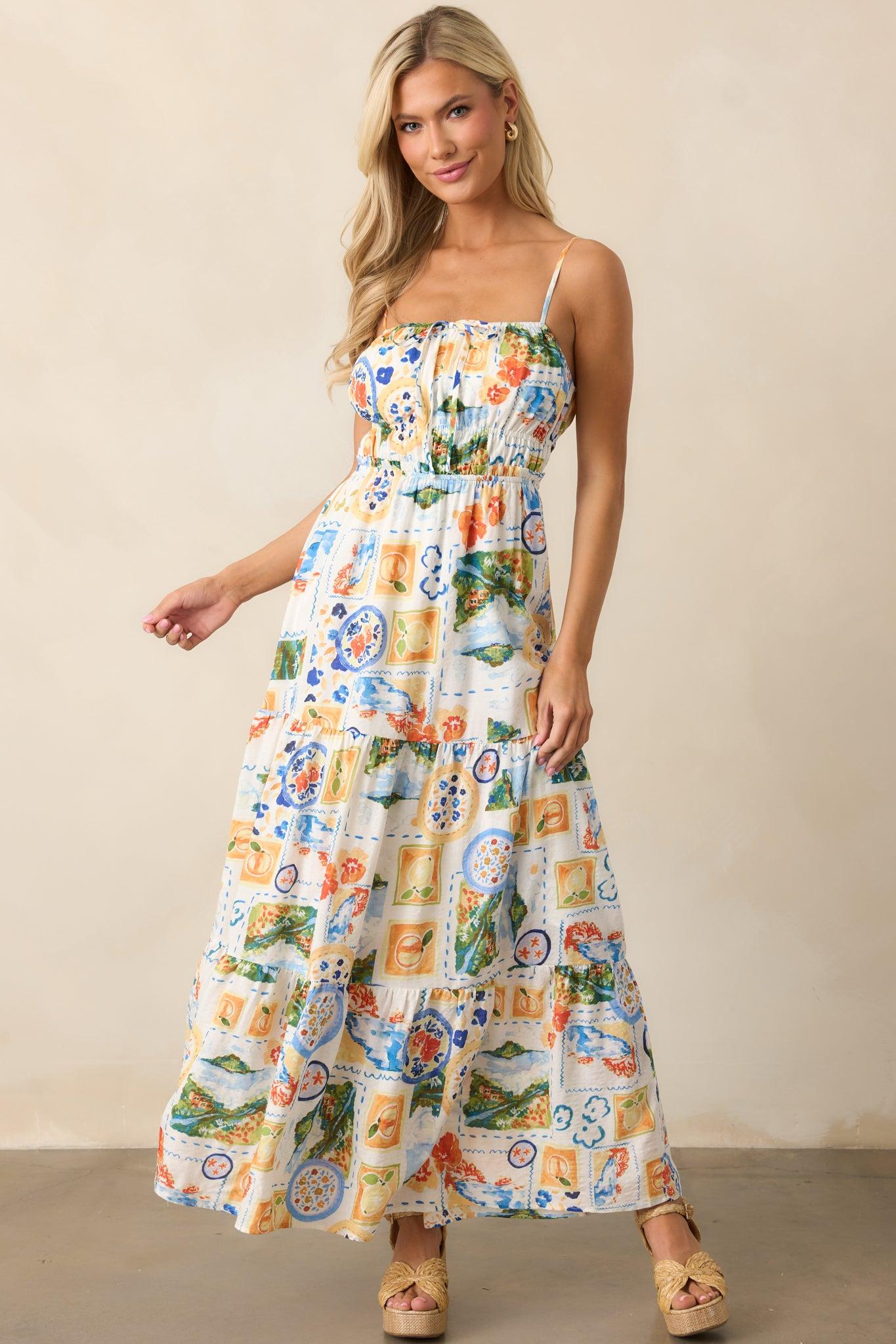 Salt Breeze Blue Multi Watercolor Print Maxi Dress Product Image