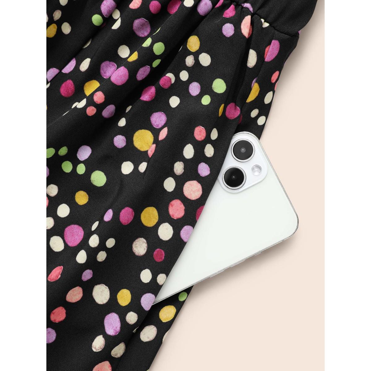 Plus Size Polka Dot Shirred Belted Split Hem Dress Black Women Elegant Belted V-neck Long Sleeve Curvy BloomChic 14-16/1X Product Image