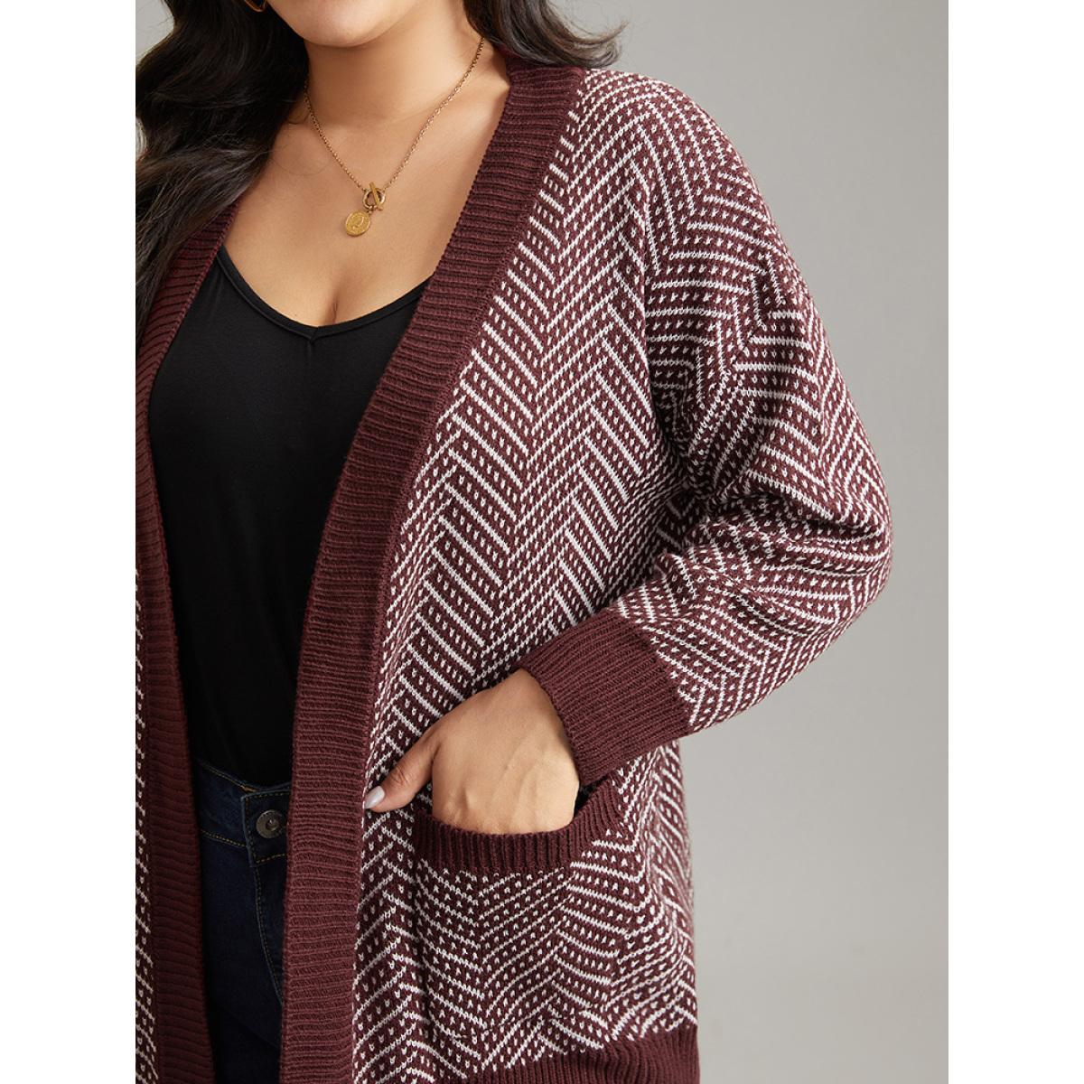 Plus Size Jacquard Open Front Pocket Loose Cardigan Maroon Women Casual Loose Long Sleeve Dailywear Cardigans BloomChic 26/4X Product Image