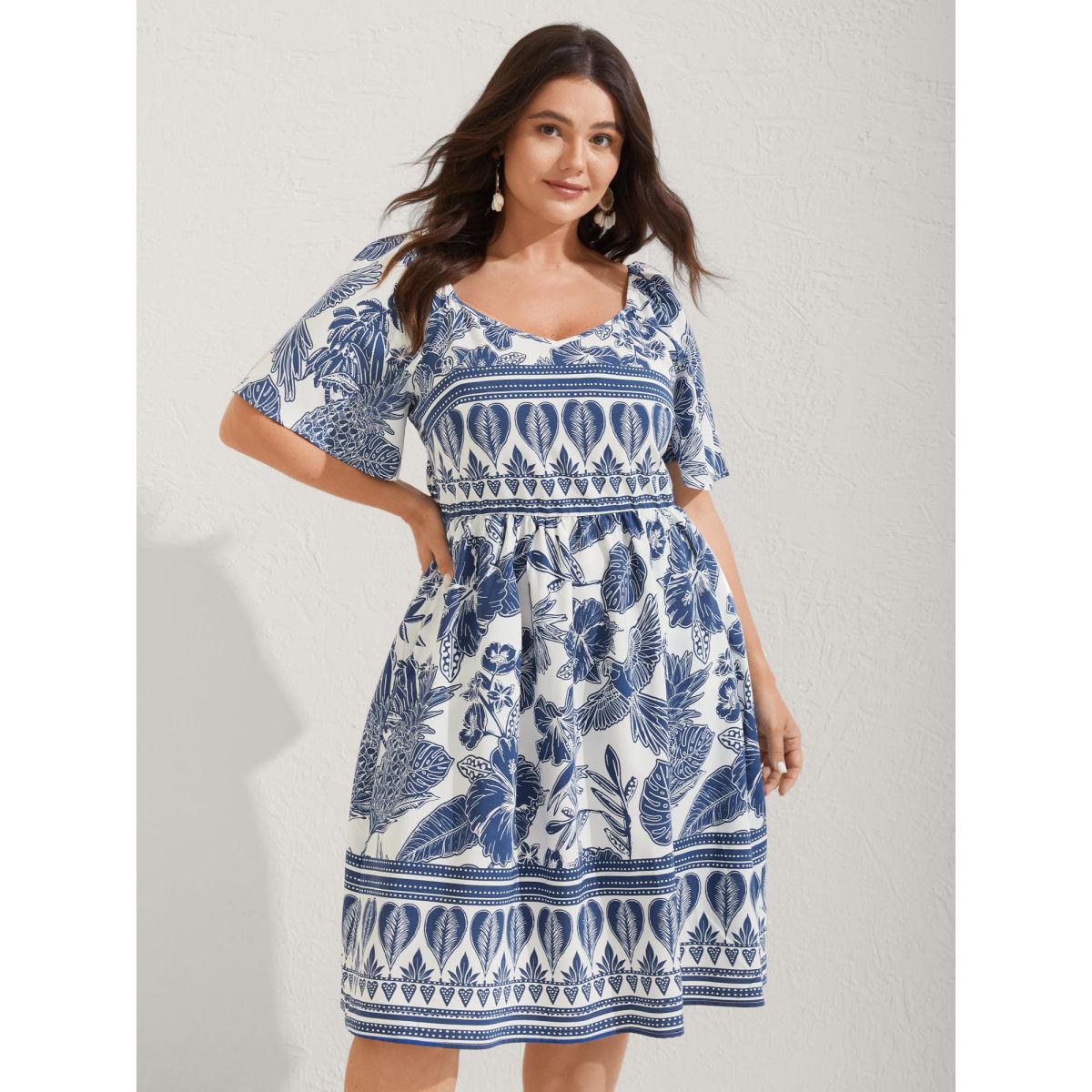 Plus Size Boho Print Fit Flare Pockets Midi Dress DarkBlue Women Resort Non Heart neckline Short sleeve Curvy BloomChic 26/4X Product Image