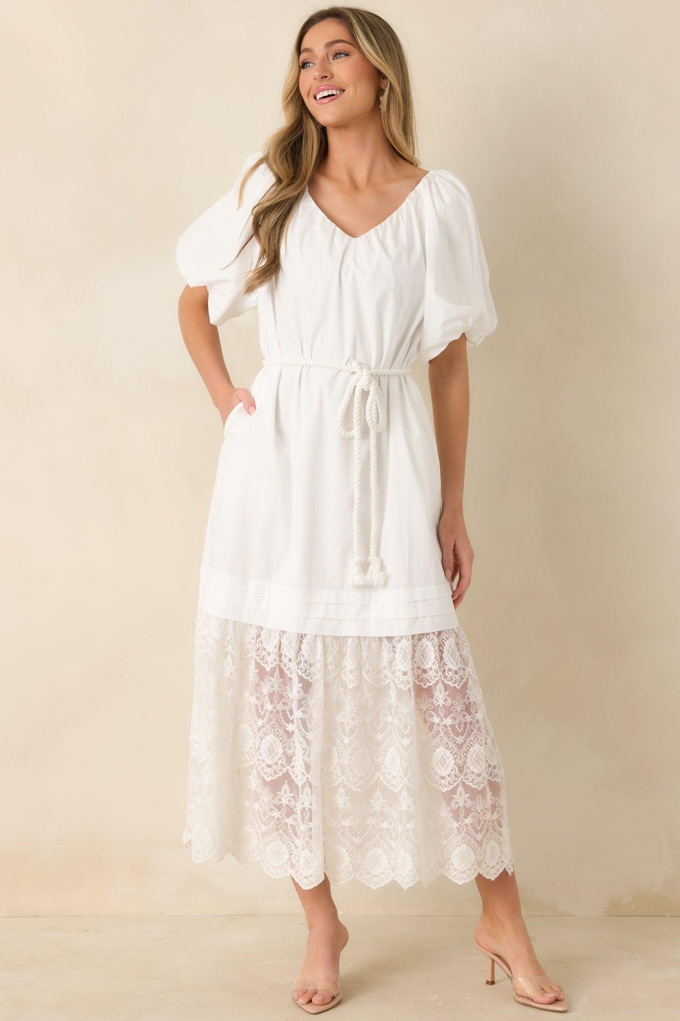 Je T'aime Toujours White Cotton & Gathered Lace Maxi Dress Product Image
