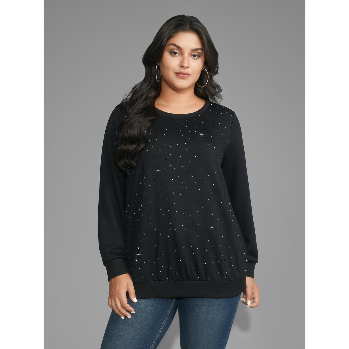 Plus Size Crew Neck Rhinestone Slightly Stretchy Sweatshirt Women Black Casual Rhinestone detailing Round Neck Everyday Sweatshirts BloomChic 12/L Product Image