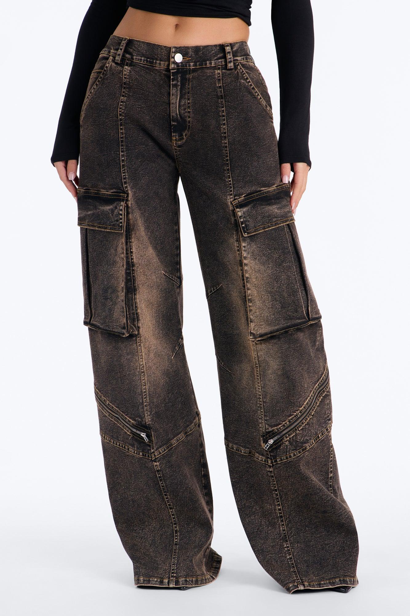Just A Phase Stretch Wide Leg Washed Cargo Pant - Brown Female Product Image