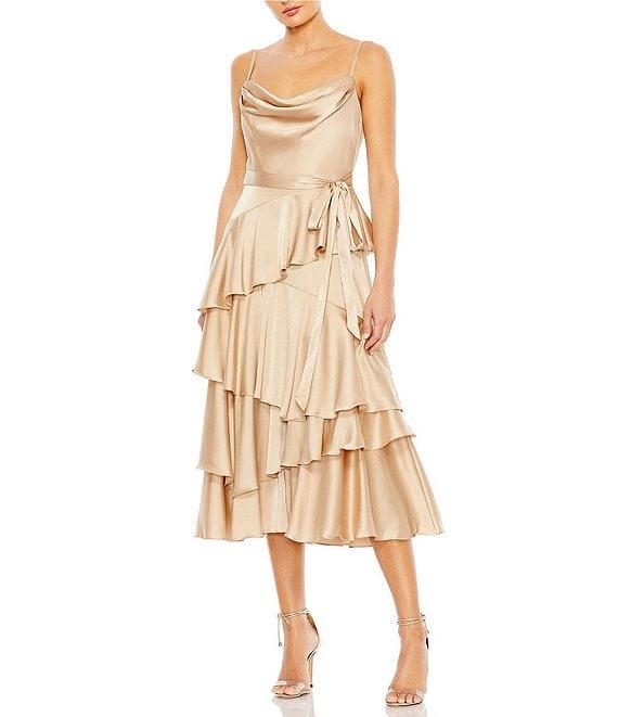 Mac Duggal Charmeuse Cowl Neck Tiered Ruffled Midi Dress Product Image