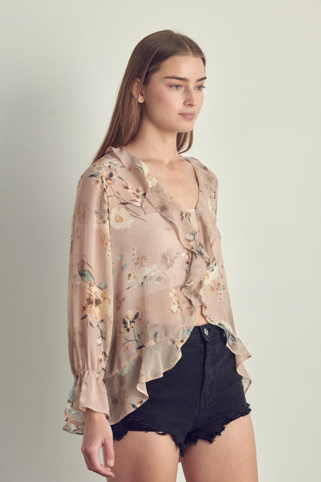 Ruffle Detail Long Sleeve In Chiffon Floral Print Product Image