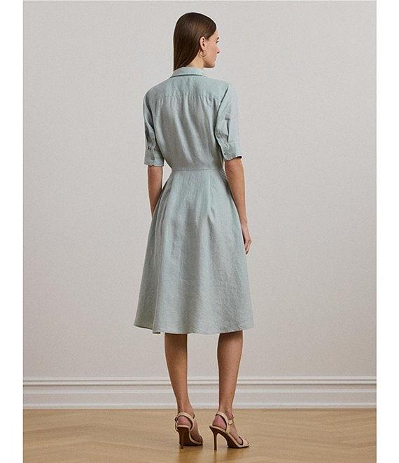Lauren Ralph Lauren Linen Point Collar Elbow-length Sleeves Tie Front Shirt Midi Dress Product Image