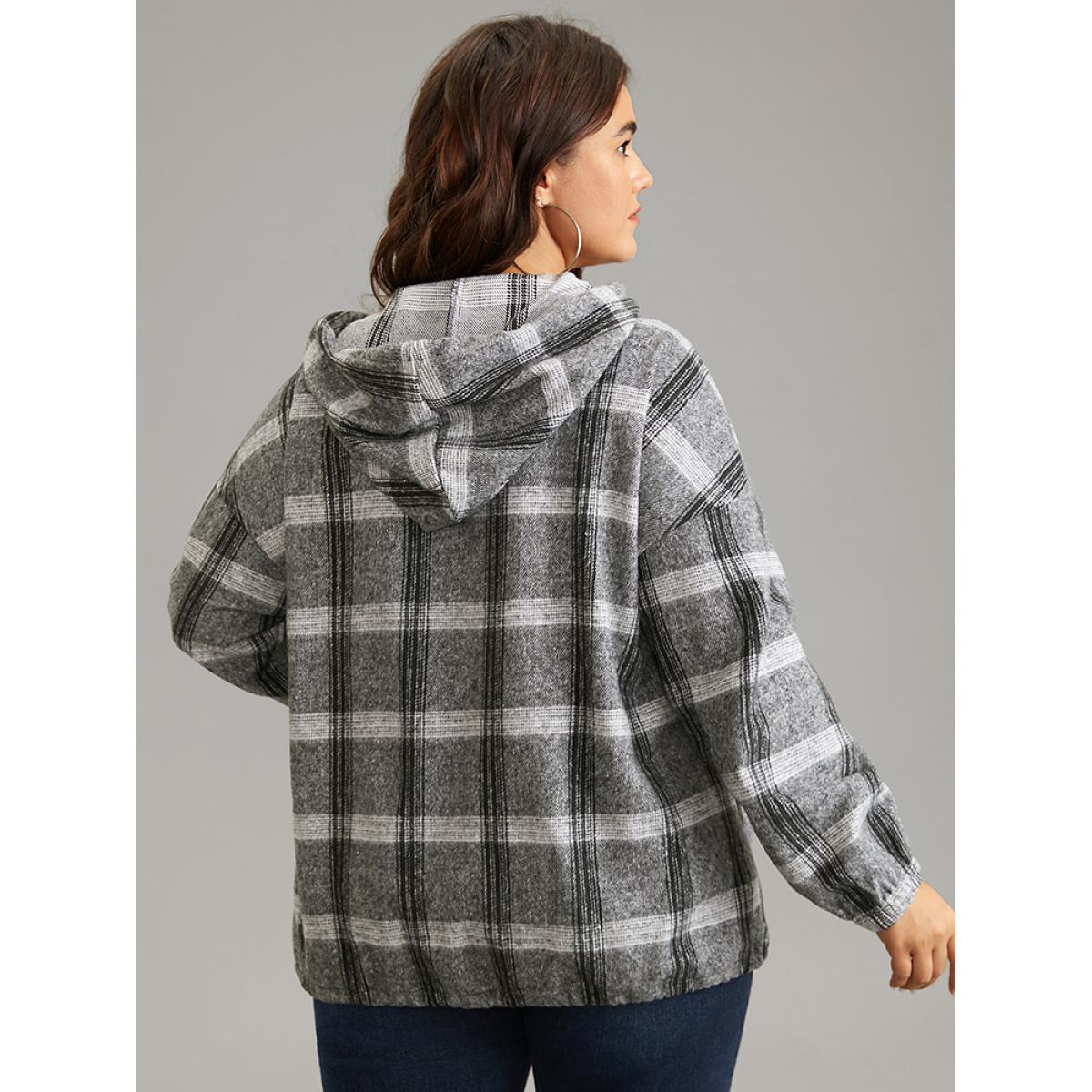 Plus Size Plaid Half Zip Pocket Hooded Sweatshirt Women DimGray Casual Elastic cuffs Hooded Everyday Sweatshirts BloomChic 14-16/1X Product Image