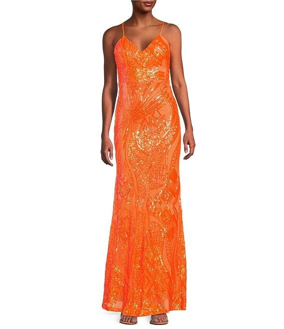 Midnight Doll Patterned Sequin Spaghetti Strap V-Neck Lace-Up Back Dress Product Image