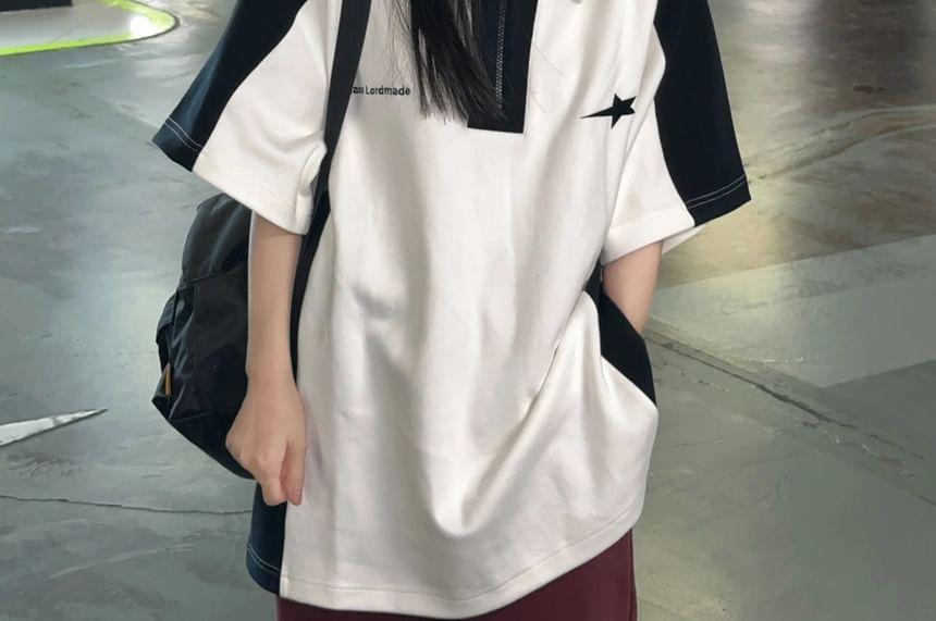 Elbow-Sleeve Collar Lettering Star Print Oversized T-Shirt Product Image