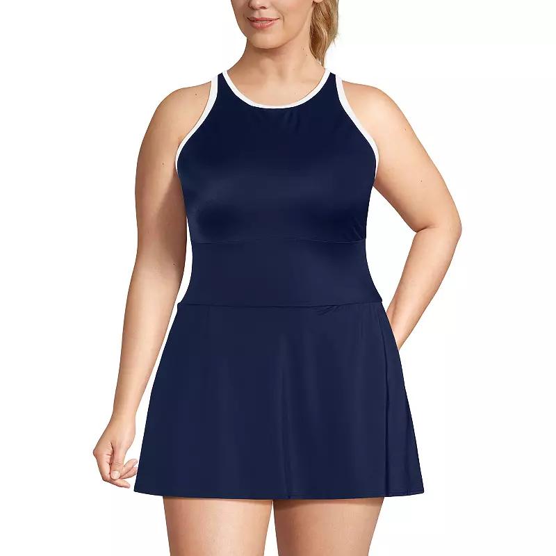 Women's Lands' End Long Tugless High Neck One-Piece Swim Dress,  Product Image