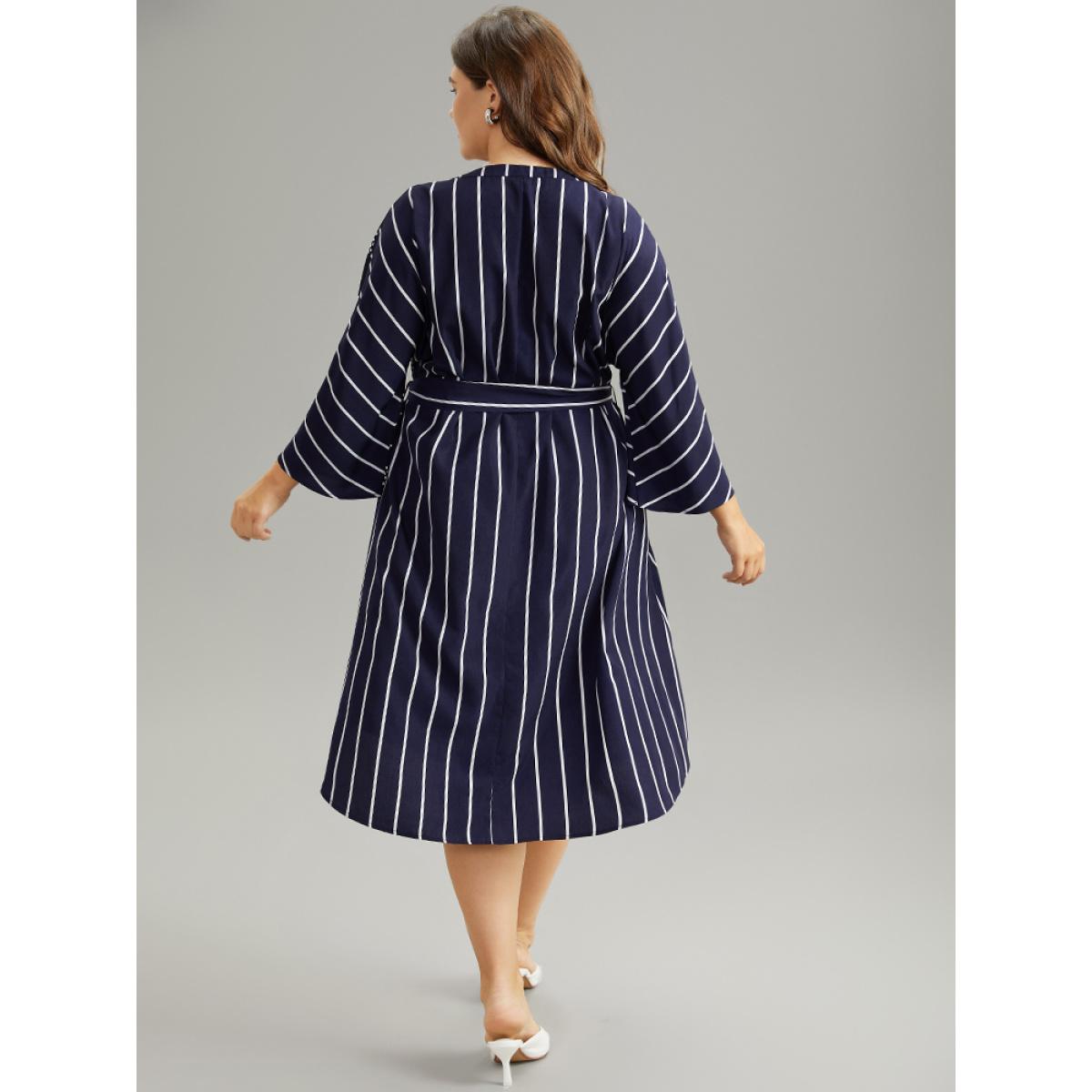 Plus Size Striped Patchwork Polka Dot Belted Notched Dress DarkBlue Women Office Belted Notched collar Elbow-length sleeve Curvy Midi Dress BloomChic 22-24/3X Product Image
